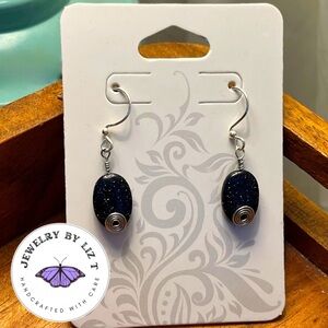 New Handcrafted Silver Spiral Dark Blue Shimmer Sparkle Dangle Bead Earrings